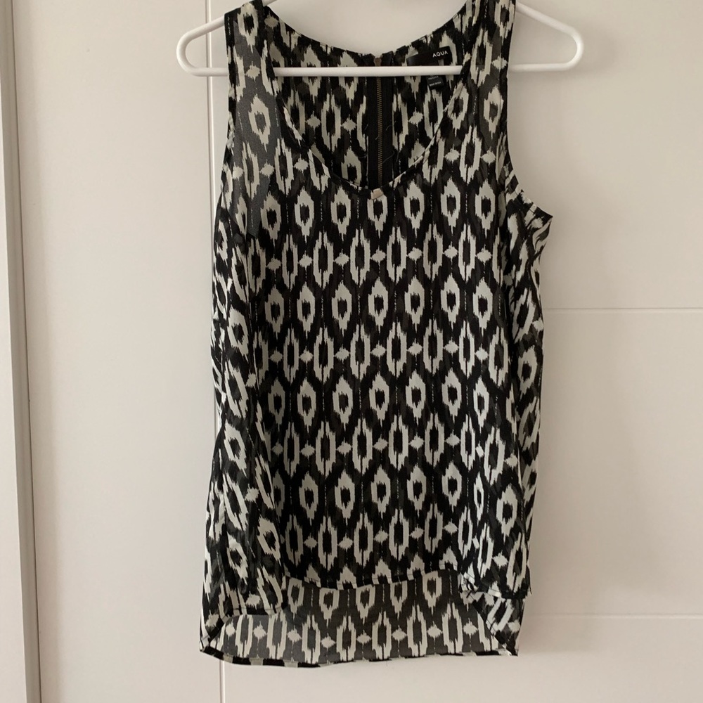 Aqua black and white ikat sheer blouse
